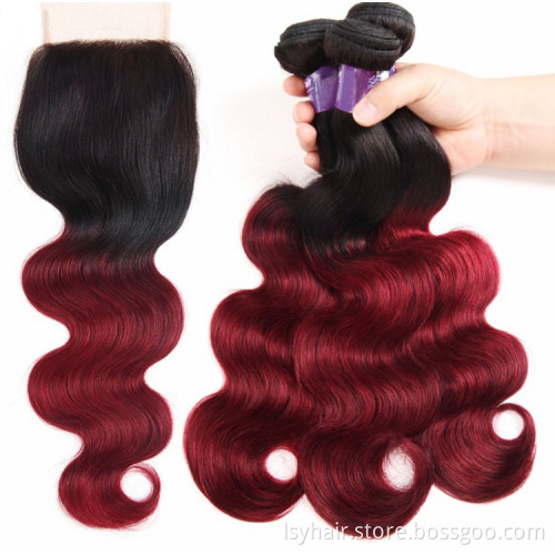 1B/Burgundy Ombre Brazilian Body Wave 3/4 Bundles With Lace Closure Human Hair Bundles And Closure 99J Red Remy Hair Weave